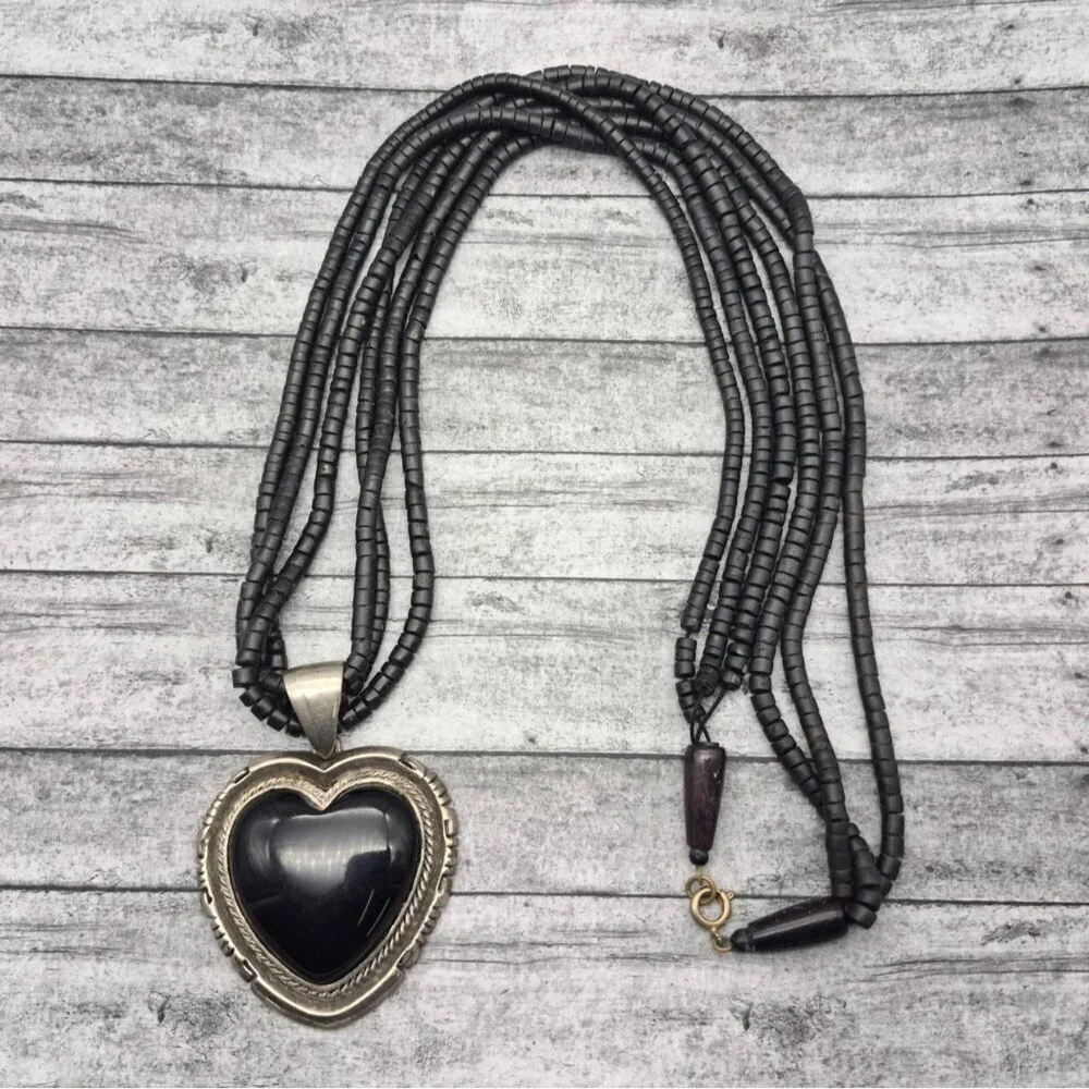 Multi Strand Bead Necklace Silver Tone Black Large Heart Pendant Whimsigoth